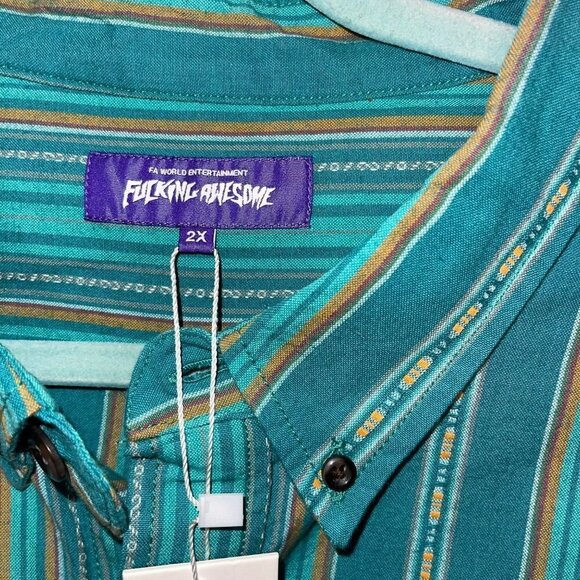 F*cking Awesome Mens Shirt Green Size 2X Striped Button Down Long Sleeve New - Picture 4 of 14